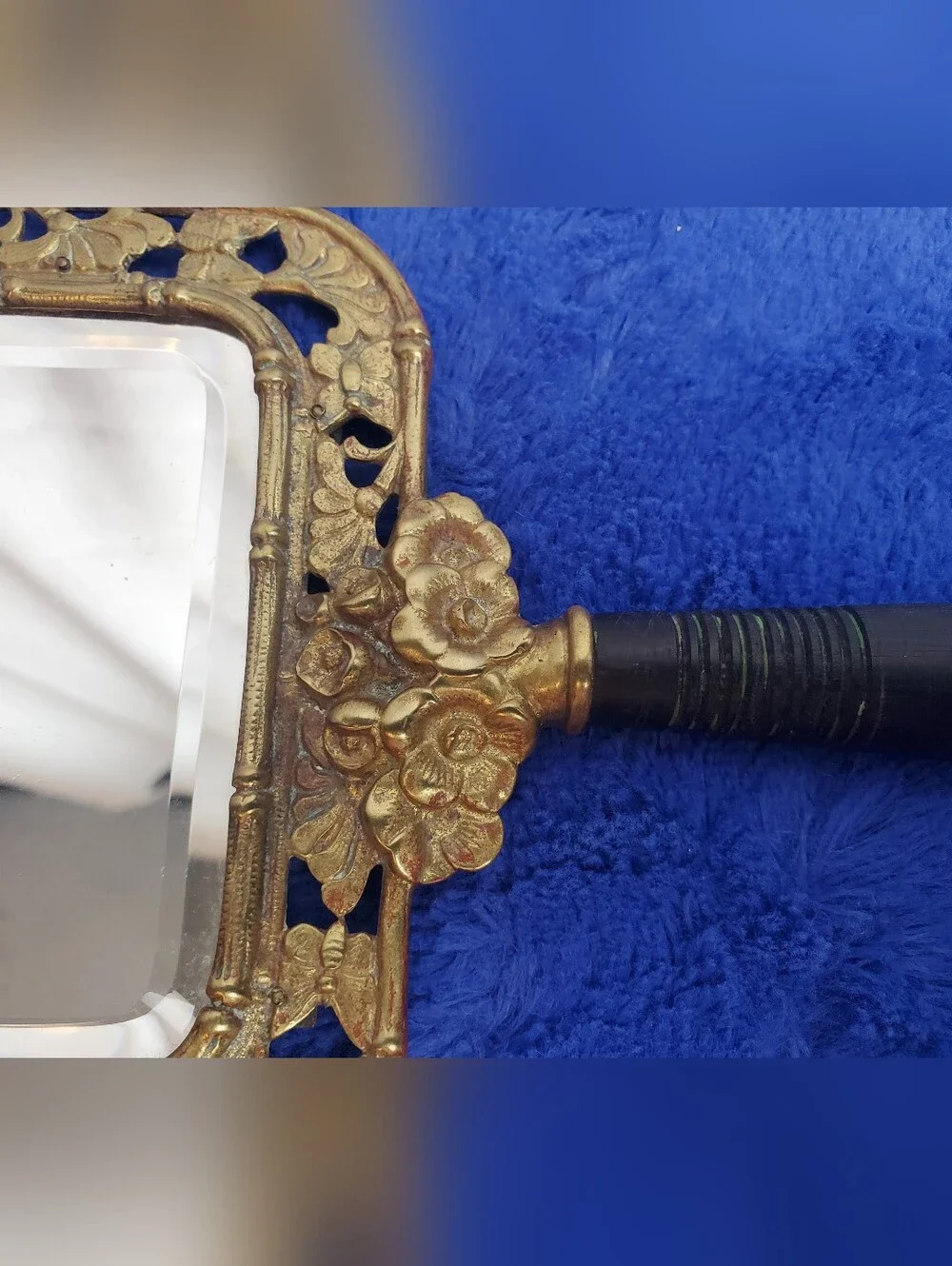 Antique TOWNSHEND 19th Century Ornate Brass Vanity Hand Mirror W/ Ebony Handle